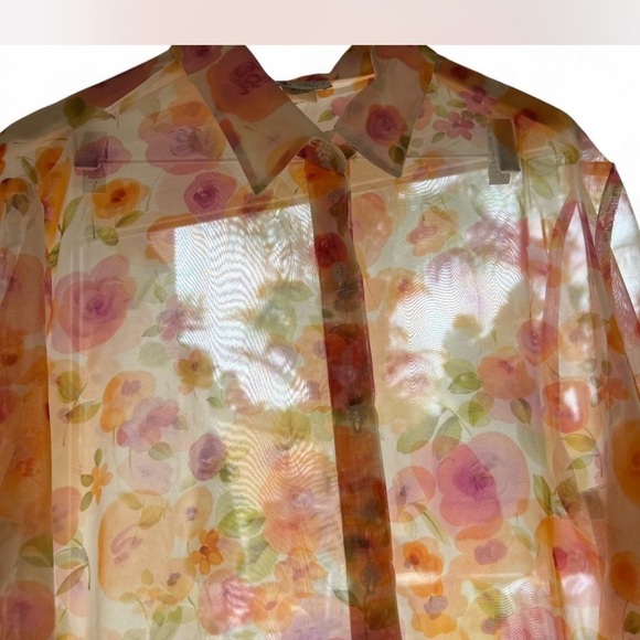 Vintage Pastel Floral Print Sheer Long Botton Down Blouse Collard Size *2XL - Picture 3 of 7